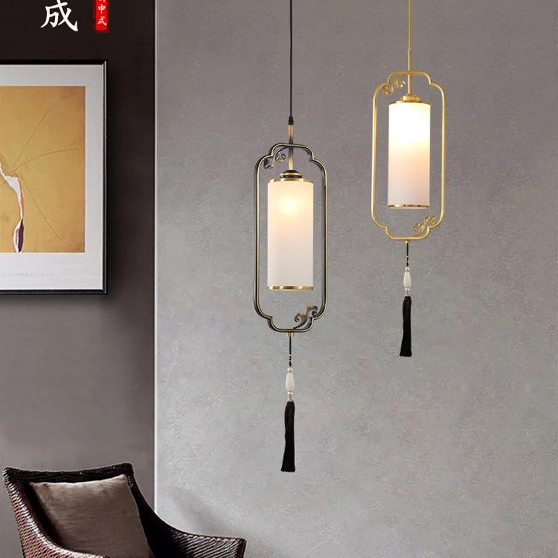 新中式全铜卧室床头灯吧台单个吊线小吊灯古典酒店客房过道玄关