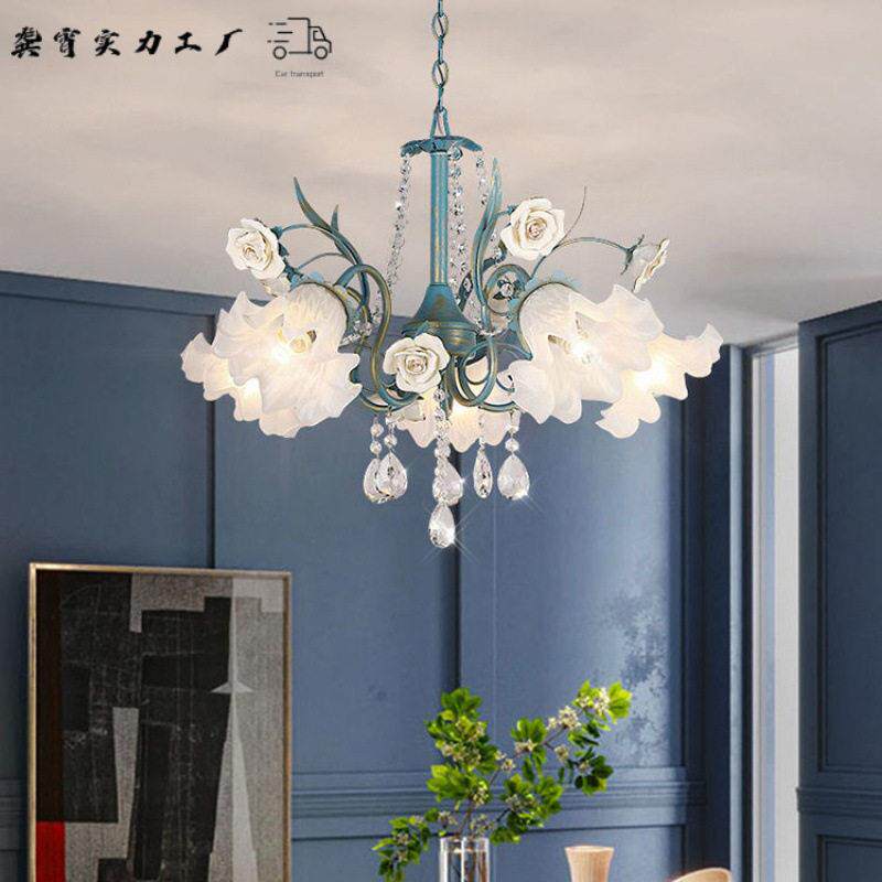 欧式客厅水晶灯美式乡村田园吊灯地中海风格蓝色卧室餐厅花草灯饰