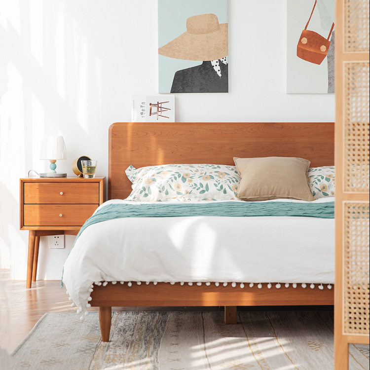 北欧1.8米经济型婚床双人床日式原木1.5米樱桃木单人床轻奢实木床