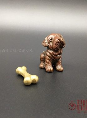 复古包浆实心铜可爱小狗啃骨头创意香插一套 铜小狗小骨头茶宠
