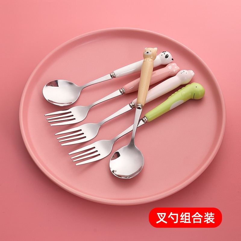 儿童卡通不锈钢勺子叉子套装陶瓷调羹家用可爱汤匙饭勺甜品西瓜勺