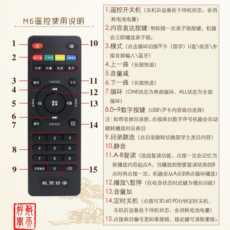 敏而好学国学机m6遥控器 目录手册 电池 H8配件遥控器 目录充电线