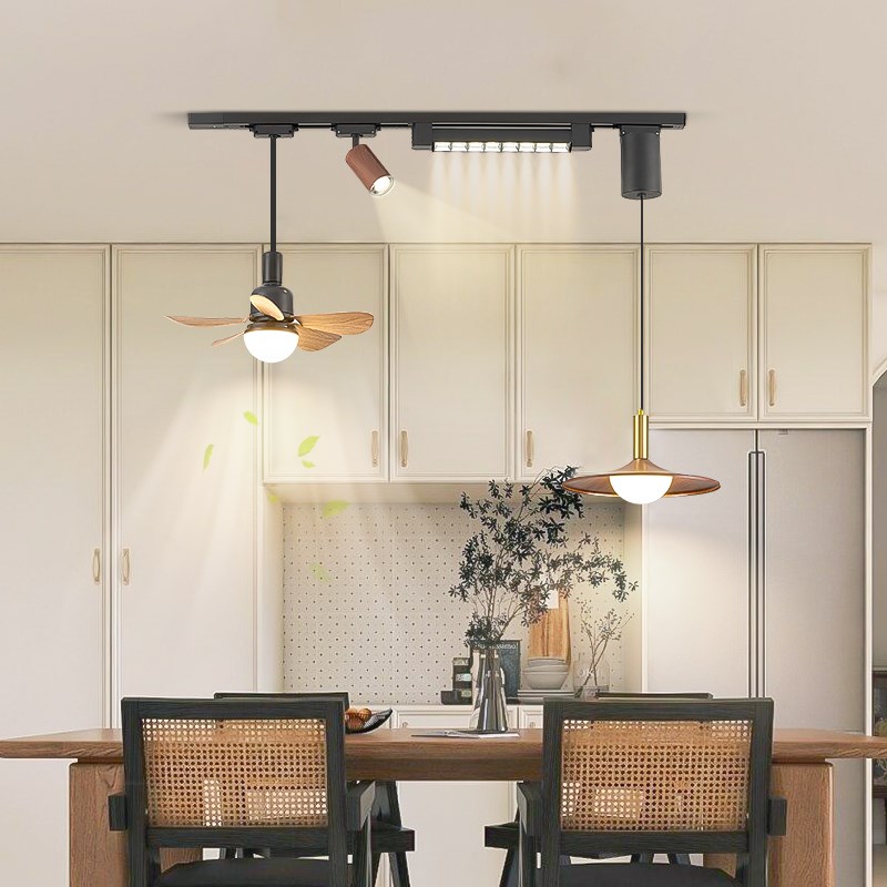 风扇灯餐厅吊灯可移动轨道灯w电风扇射灯中古风复古餐桌吧台吊扇