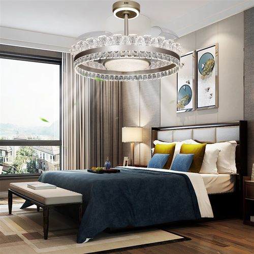 新款餐厅隐形风扇吊灯三色变光智能语音全铜变频静音电机水晶造型