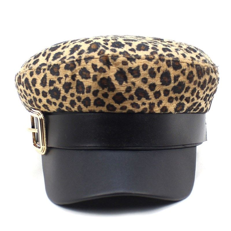 女士豹纹帽子金属扣PU拼接鸭舌帽秋冬款海军帽平顶弯檐棒球帽