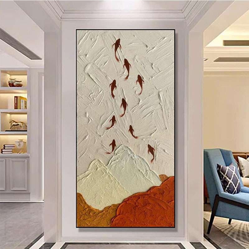 手绘油画现代九鱼图入户玄关装饰画寓意好玄幻立体肌理画走廊过道图片