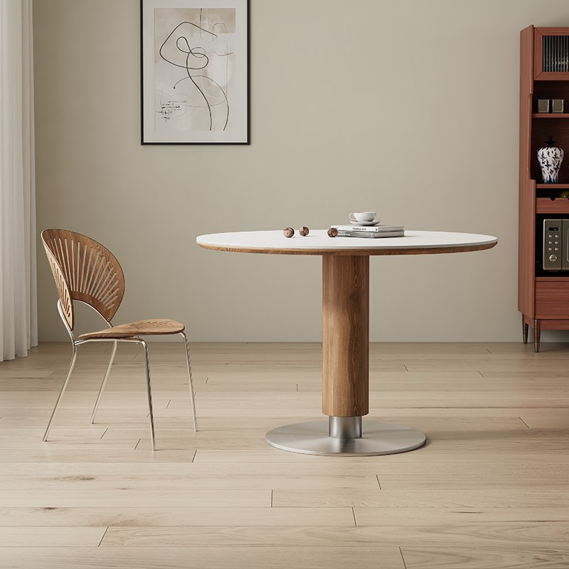 途远实木洞石岩板餐桌简约餐厅纯白D圆形饭桌家用小户型圆桌洽谈