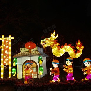 新年元旦圣诞景区装饰花灯 门神小童对联铁艺彩花灯制作厂家现货