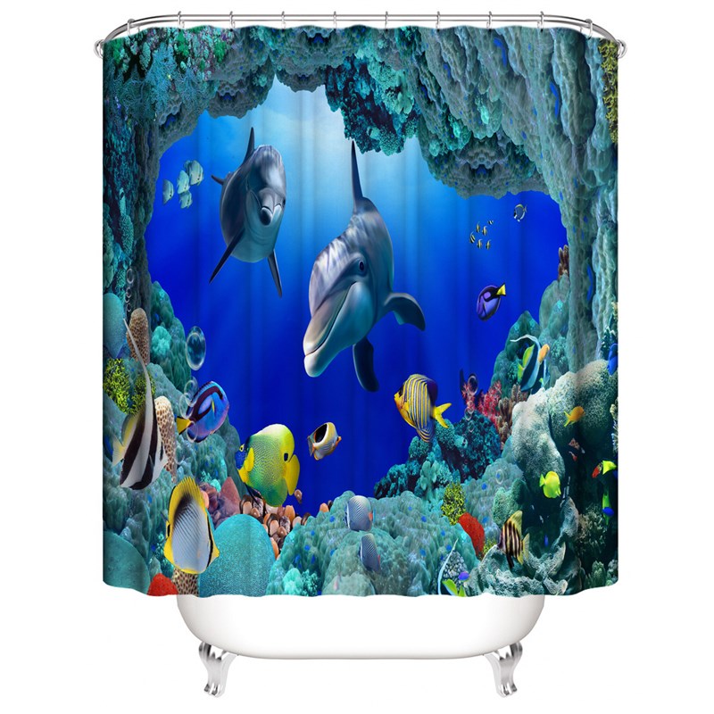 洞穴海豚浴帘套装 数码印花浴帘 免打孔浴室帘 隔断浴罩