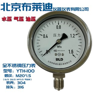 100 1.5 YTF100H全不锈钢 M20 径向 螺纹 北京布莱迪压力表YTH