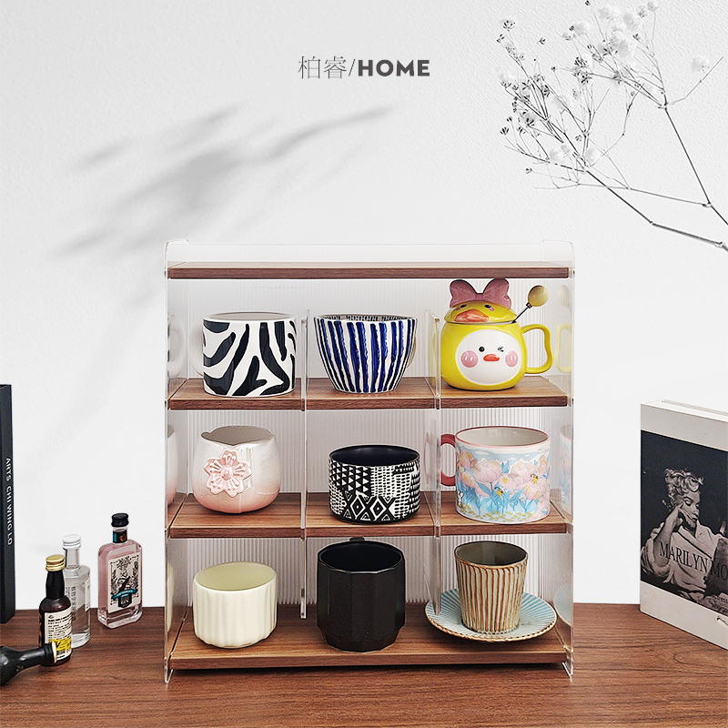 亚克力杯子收纳架桌面水杯茶杯咖啡杯马克杯防尘九宫格实木置物架