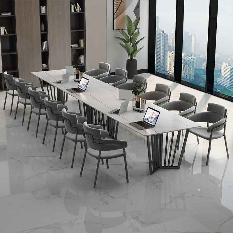 现代简约大理石办公桌 公司多人会议洽谈长桌 金色铁艺岩板电脑桌
