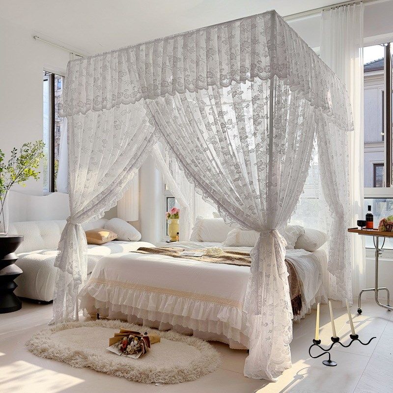 高档提花蕾丝蚊帐三开门落地床帘蚊帐家用民宿加密床幔1.8双人床