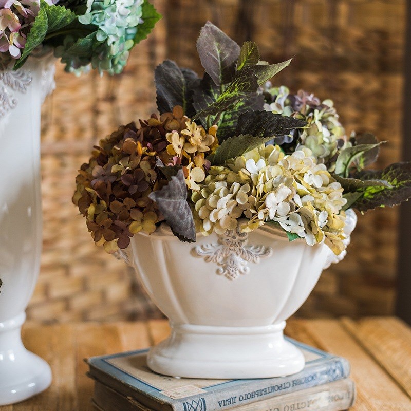 法式经典柱盆花器花瓶花盆陶瓷釉下彩装饰摆件复古白瓷