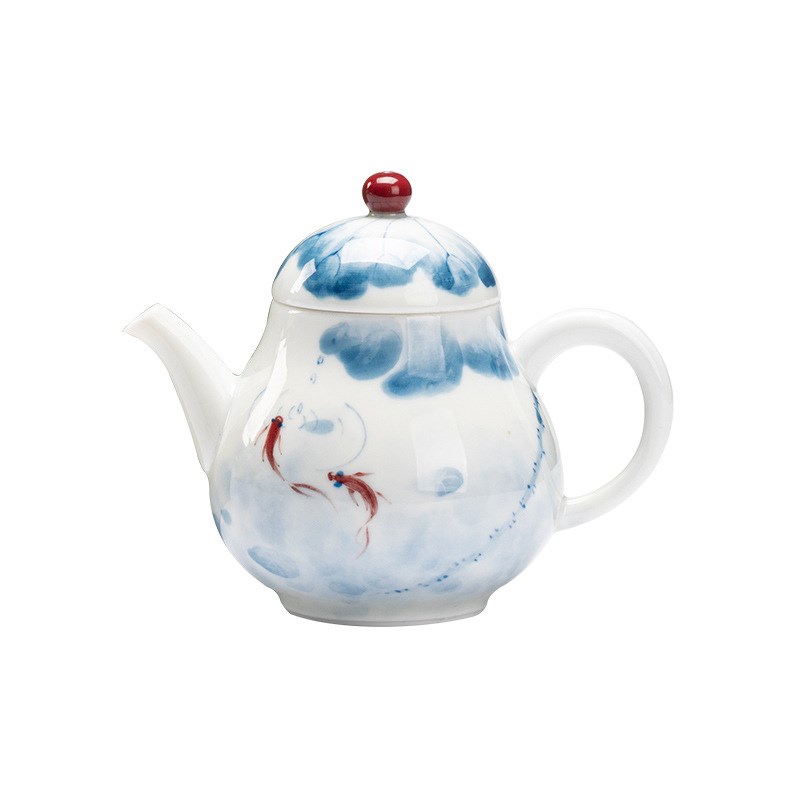 弥言白瓷手绘鱼戏荷塘茶壶家用泡茶壶带过滤单壶纯手工陶瓷泡茶器