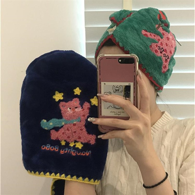 少女心爱刺绣小猫干发帽超厚珊瑚绒吸水速干掉毛款