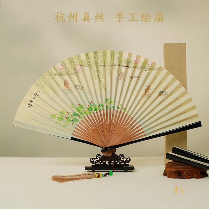 折扇真丝扇子中手绘扇西湖十景礼品扇杭州特产古风男女扇