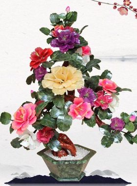 玉石雕刻牡丹花客厅家居饰品茶几桌面新中式法式工艺品盆景玉摆件