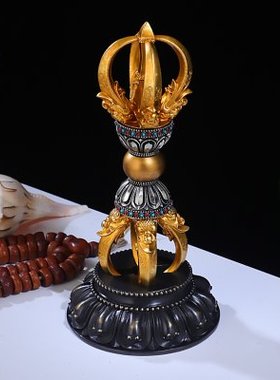 黄铜复古五股金刚杵镢藏式民族风鎏金普巴杵精工雕刻带底座金刚杵