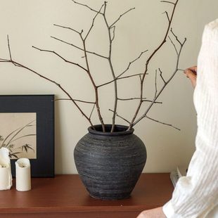 复古侘寂风禅意大气粗陶土釉黑色陶罐花器民宿酒店插花瓶装饰摆件