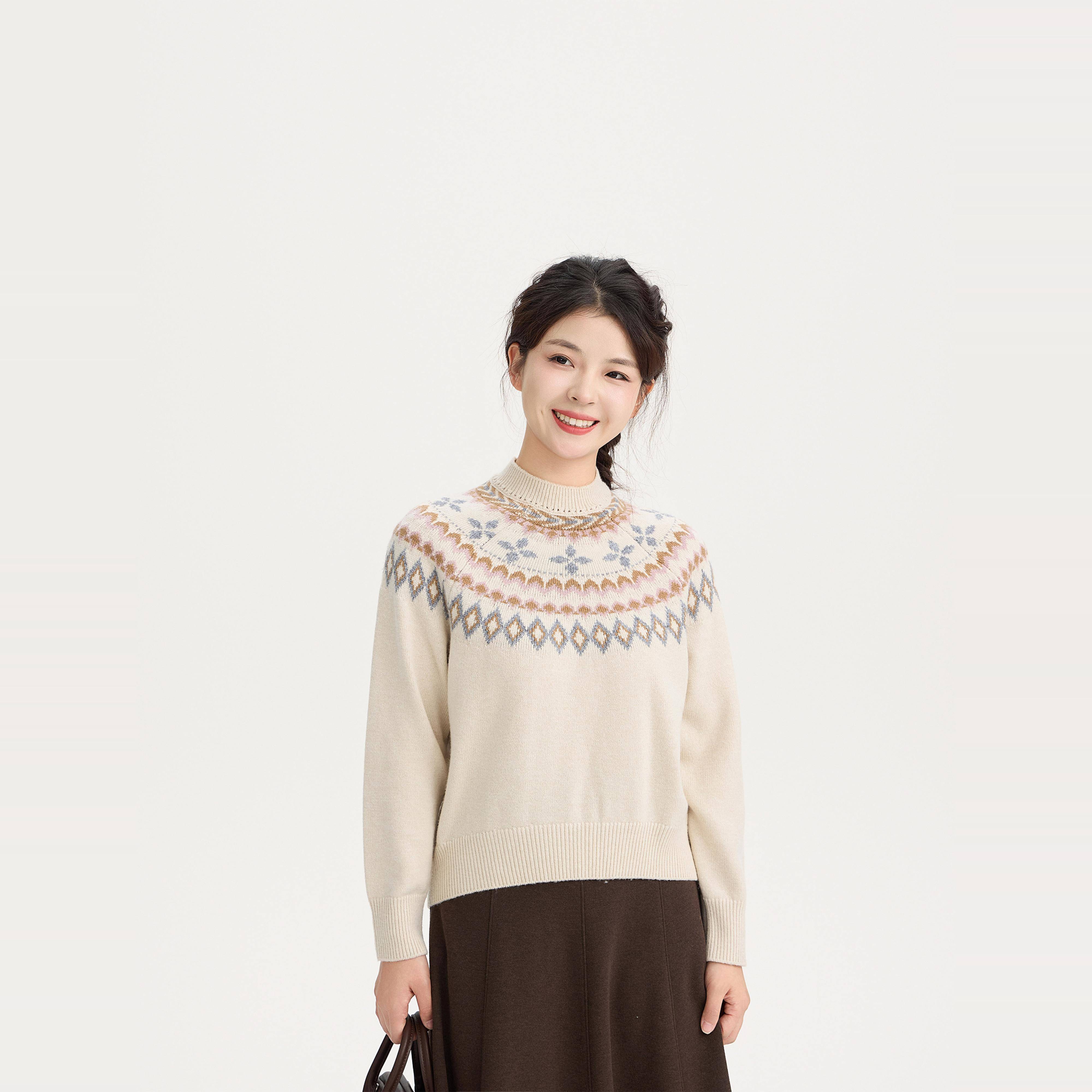 REST HEART 2024秋冬新品 半高领民族风百分百羊毛毛衣上衣女