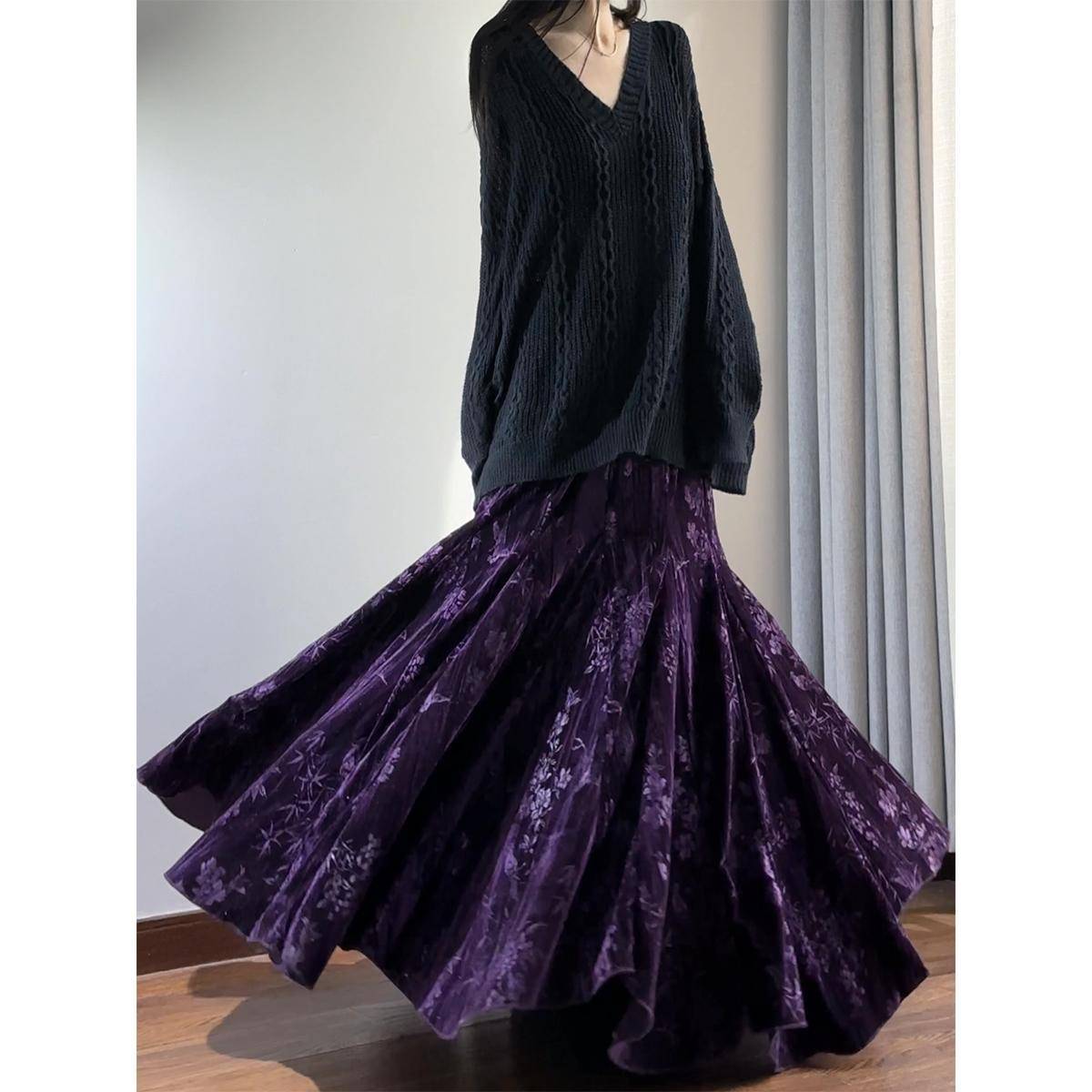 读衣术绝美复古紫色半身裙 金丝绒秋冬大摆鱼尾裙 新中式丝绒长裙