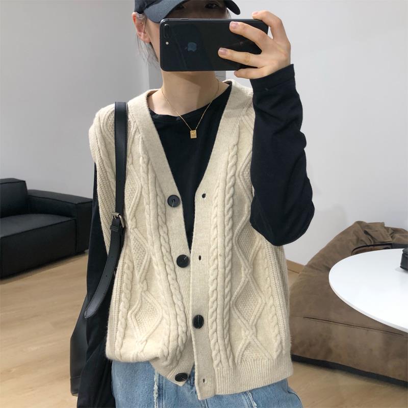 春秋新扭苏芙蕾丝韩国风格覆古钻石纯色堆叠针织背心背心无袖女士