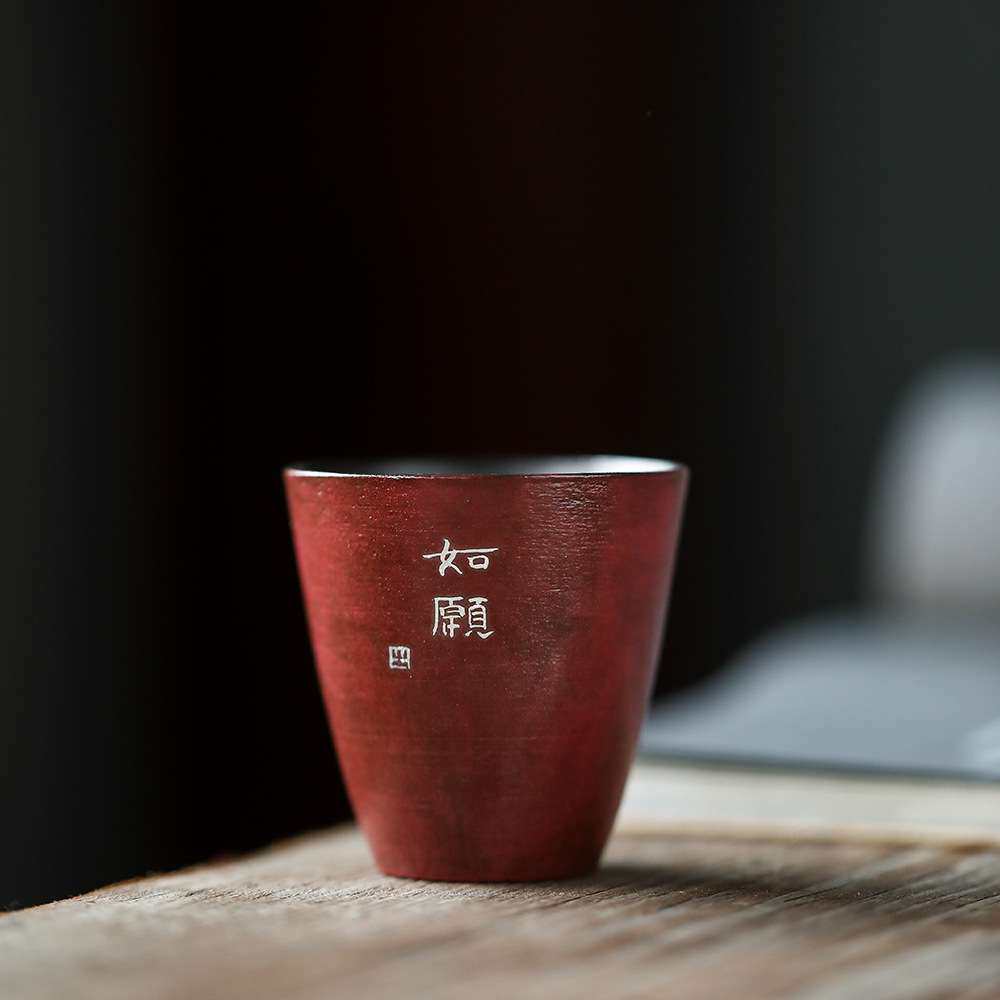 晴先生故宫红景德镇手作鎏银文人主人杯赤红古拙刻诗纹陶泥茶杯40