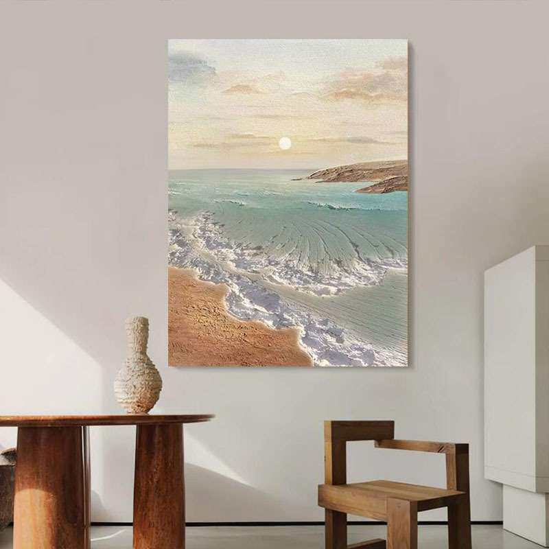 纯手绘油画极简轻奢客厅装饰画立体肌理奶油风海景日出过道挂画