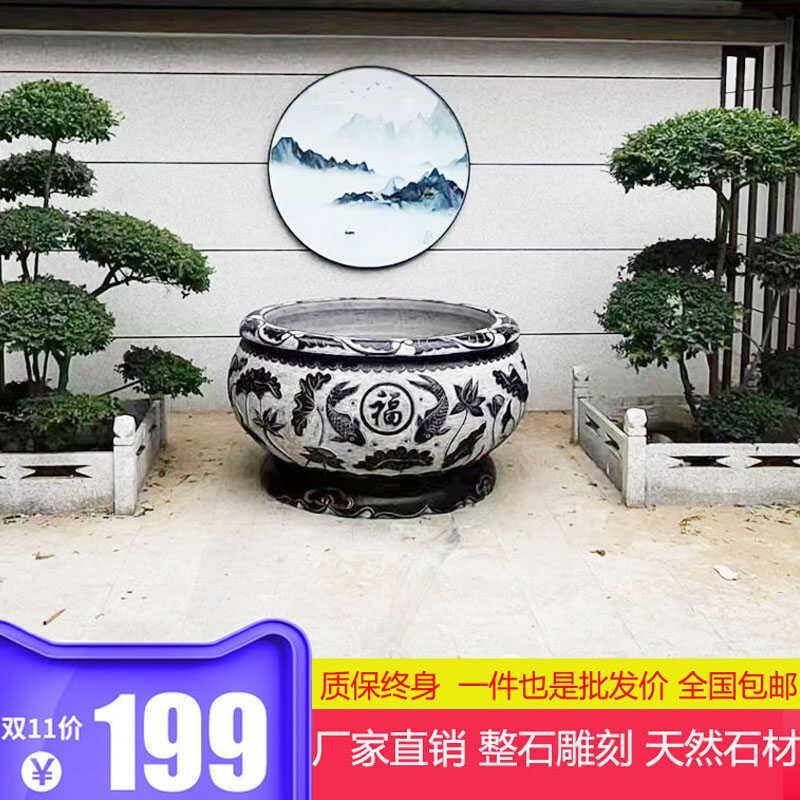 石雕天然青石仿古鱼缸养鱼荷花盆水缸庭院摆Q件整石雕刻石材大缸
