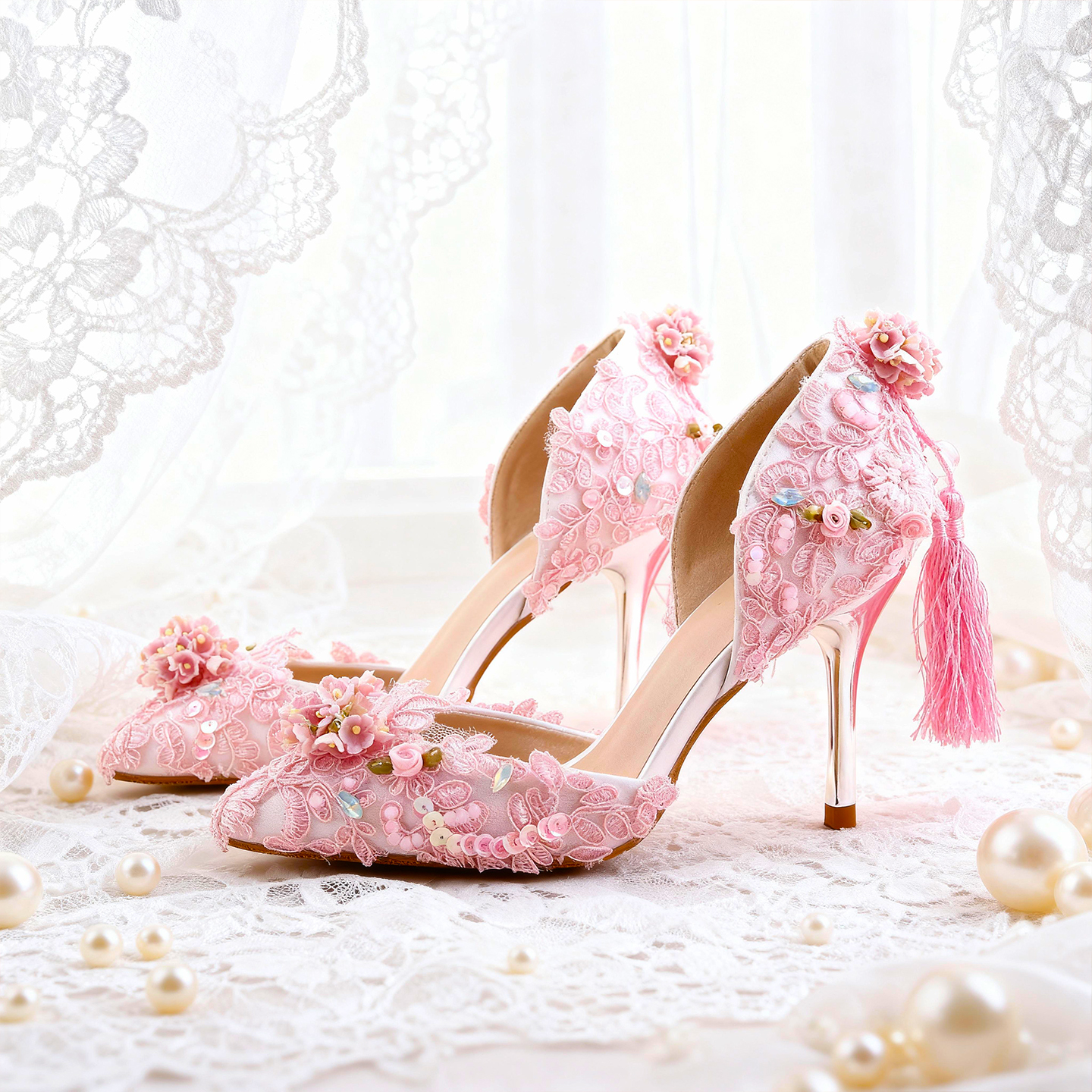 原创甜美洛丽塔粉色珠蕾丝女鞋
