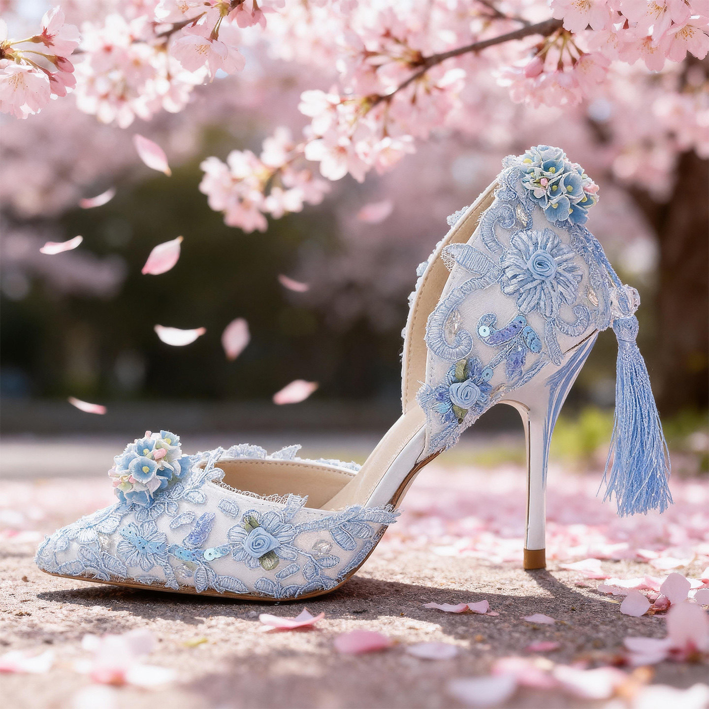 原创设计浅蓝色蕾丝亮片花朵流苏cos洛丽塔尖头优雅中空高跟女鞋,女鞋,婚鞋,淘宝优惠券,粉丝福利购,淘宝优惠卷
