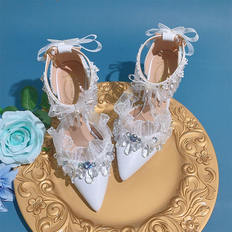 白色蕾丝花边水钻蝴蝶结高跟女鞋