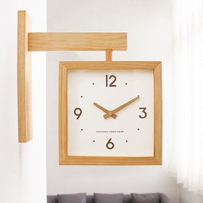 MJK实木双面挂钟客厅家用静音时钟现代简约时尚挂墙转角两用