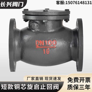 H44T 止回阀短体铸铁铜芯消防污水管道逆止阀单向阀 16法兰旋启式