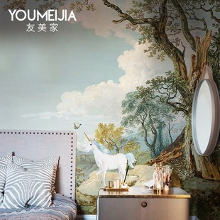 欧式 宫廷森林墙纸壁画卧室客厅北欧风壁纸无缝电视背景墙定制壁布