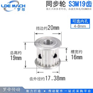 同步带轮 S3M19T 孔4 两面平 AF型 槽宽16 S3M19齿 同步轮