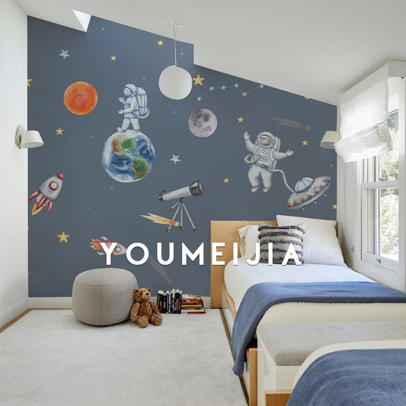 定制壁画宇宙探索儿童房背景墙卡通壁纸男孩卧室床头无缝墙纸墙布