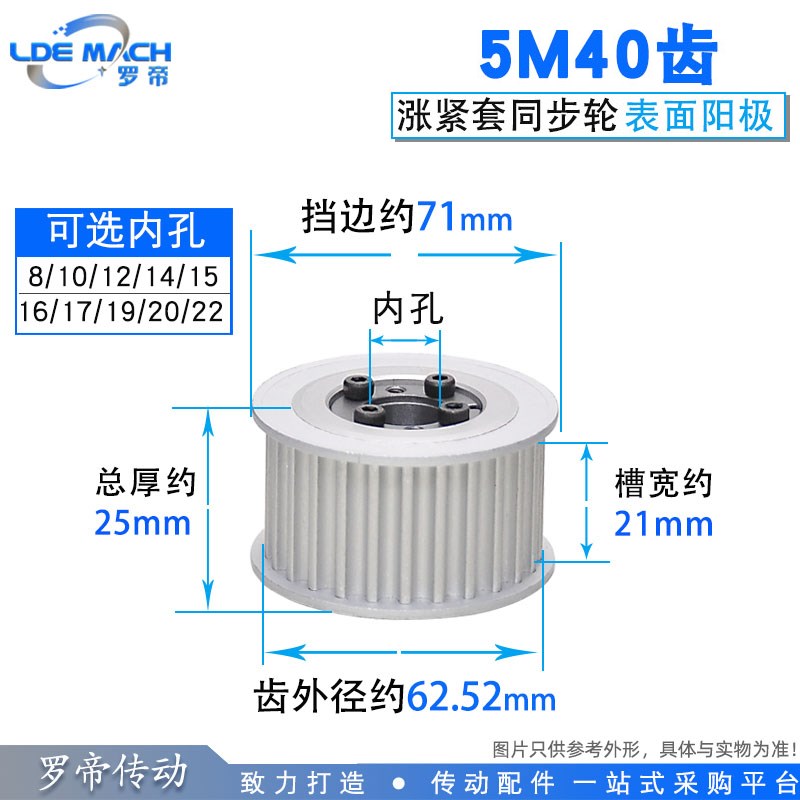 涨紧套同步轮5M40齿5M40T同步皮带轮 槽宽21 内孔8-22铝合金带轮