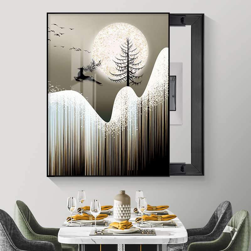 电表箱装饰画遮挡配电箱挂画推拉轻奢晶瓷福鹿电闸壁画免打孔竖款图片