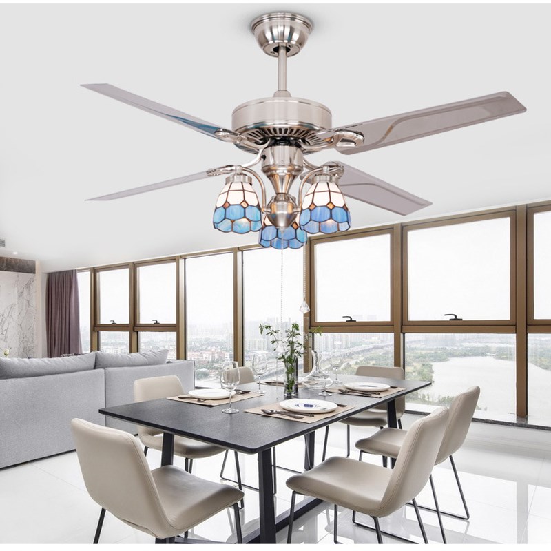 地中海吊扇灯餐厅风扇灯t蒂凡尼铁叶电扇灯装饰吊灯扇家用风扇吊