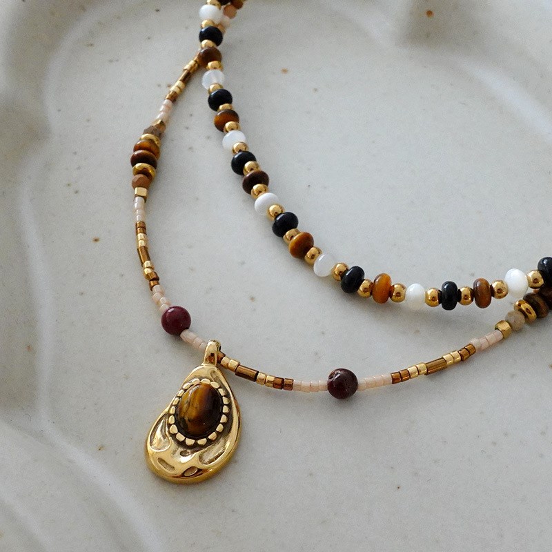 虎眼石串珠项链i美拉德高级感秋冬毛衣链钛钢轻奢复古天然石锁骨