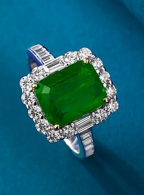 珠宝 2023新款9r25银仿真祖母绿切割2克拉群镶满钻戒指7*9mm