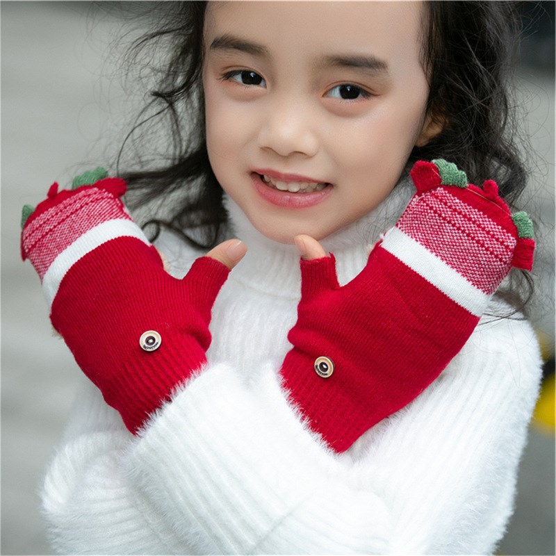 4-10岁儿童手套男女冬季卡通圣诞小鹿加绒加厚棉S保暖学生半指翻