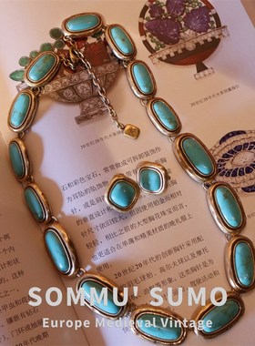 设计师款绿色松石项链耳钉q套装 中古vintage锁骨链925银针耳环女