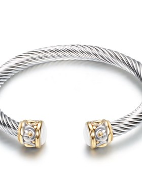 欧美复古钛钢扭线间金10MM双色镶钻电缆线不锈钢T个性百搭手镯