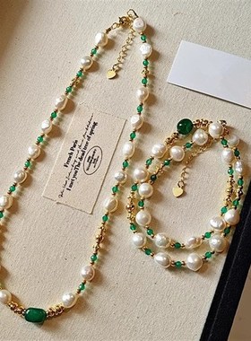 异形巴洛克淡水珍珠绿玉r髓玛瑙项链女时尚新中式复古绿水晶锁骨