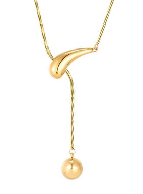 创意拉绳水滴圆球j项链钛钢电镀18K金高级感毛衣链女简约吊坠批发