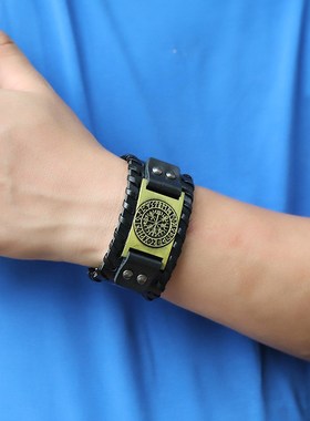 跨境新款饰品北欧维京p海盗牛皮手链复古编织指南针男士皮革手环