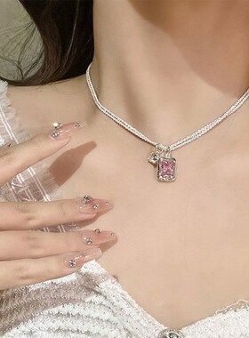 可换6种彩色宝石双层项链方钻璀璨个性I显瘦锁骨链多巴胺项链饰品